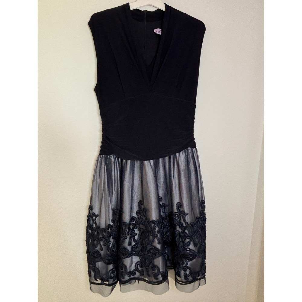 SLNY SL Fashions New York Black Tulle Embroidered Cocktail Dress Size 16